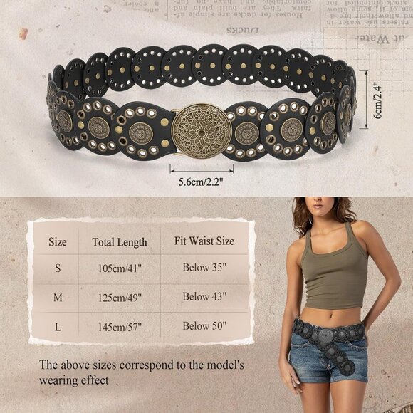 Women Vintage Disc Waist Concho Leather Belt Boho Waist Belt Black Bronze Buckle - Picture 5 of 7